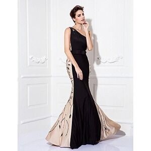 TS Couture Black Tan One Shoulder Beaded Mermaid Evening Gown Dress